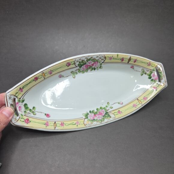 Nippon Hand Painted Celery Dish Pink Floral Porcelain 11in Chintz - Picture 13 of 16